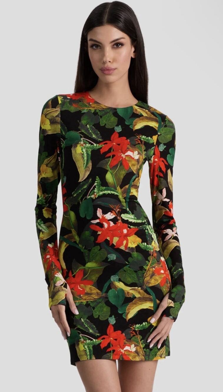 Alice + Olivia Floral Print Knee-Length Long Sleeve Black Dress Women's Size 0
